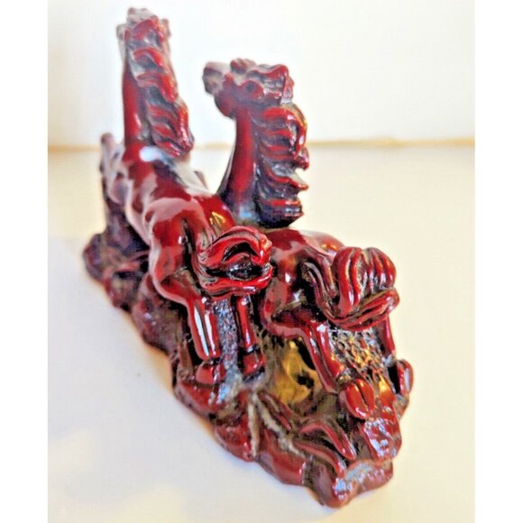Vintage Large Chinese Carved Cinnabar Feng Shui  2 Running Horses Figurine - Picture 2 of 10